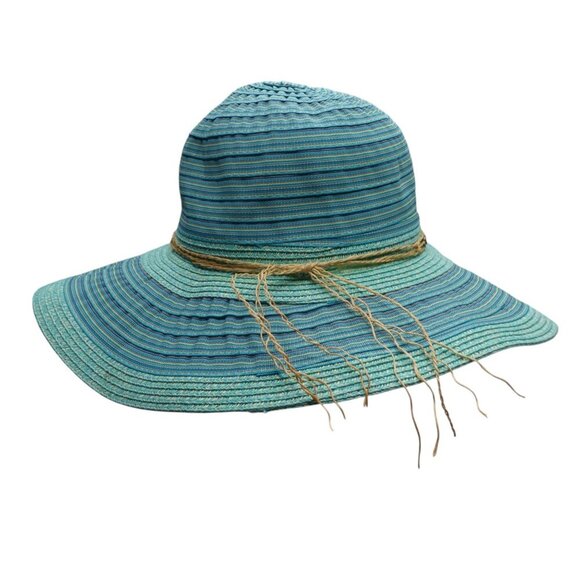 Scala Collezione Turquoise Blue Striped Wide Brim Floppy Paper Braid Hat Womens - Picture 3 of 8